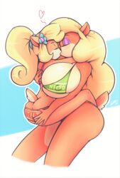 2girls big_breasts bikini breasts butt butt_crack carrying coco_bandicoot crash_(series) female_only huge_breasts kissing nitro nitro_crate_bikini secretly_saucy size_difference tawna_bandicoot tnt tnt_crate_bikini yuri