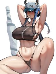 1girls anhuzart arknights arms_behind_head big_breasts blue_hair breasts busty ch'en_(arknights) ch'en_the_holungday_(arknights) curvaceous curvy curvy_body curvy_female curvy_figure ethan69_(artist) female hands_behind_head huge_breasts large_breasts perfect_legs popsicle red_eyes shiny_skin stomach thick_thighs thighs voluptuous