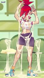 blush breasts cookie crop_top cum_on_body cum_on_face doubt_(thedo_ubt) female foster's_home_for_imaginary_friends frankie_foster full_body green_background midriff navel red_hair skirt smile socks socks_and_shoes solo standing wet_clothes