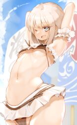 blonde_hair blue_eyes bob_cut genek miniskirt petite petite_body petite_female skirt skirt_lift slim_waist swimsuit teenager thick thick_ass thick_thighs wide_hips