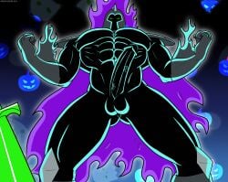 abs anus balls cape cock danny_phantom fire flexing fright_knight gay gloves green_eyes helmet kneecaps looking_at_viewer male male_focus male_only muscle muscles muscular muscular_male naughty_rexkuro pauldron pauldrons pecs purple_fire solo solo_male sword viewed_from_below