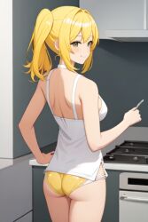 ai_generated anatomically_correct ass athletic_female back_view cooking cute female no_pants presenting_butt smile tiny_body weeb_ai yellow_hair