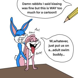 anthro babs_bunny blue_body blue_fur buster_bunny duo female fur lagomorph leporid male male/female mammal pencil_(object) penetration pink_body pink_fur rabbit sex skunkaroos speech_bubble tiny_toon_adventures tongue tongue_out warner_brothers