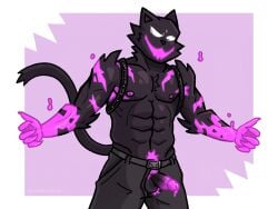 absurd_res anthro armpit_hair balls black_body black_fur bodily_fluids body_hair claws clothed clothing cum digital_media_(artwork) domestic_cat dripping epic_games erection felid feline felis fortnite fur genital_fluids genitals glans hair harness hi_res humanoid_genitalia humanoid_penis leather leather_harness male mammal markings muscular muscular_anthro muscular_male nipples open_bottomwear open_clothing partially_clothed pecs penis phantom_meowscles pink_glans pink_hair pink_markings precum precum_drip simple_background solo tail wolfsnebula