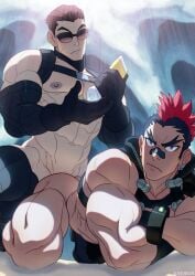 2boys abs ass bandaid bandaid_on_face bandaid_on_nose bara black_gloves black_hair closed_mouth crossed_arms earrings gloves holding jewelry kill_la_kill kinagase_tsumugu large_pectorals male_focus male_only mohawk multicolored_hair multiple_boys muscular muscular_male navel nipples pectorals protected_link red_hair schizoid short_hair sunglasses thighs two-tone_hair yaoi