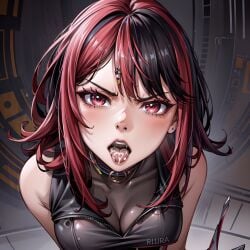 1girls after_fellatio after_oral ai_generated angry angry_face arbitrary black_hair cleavage cum cum_in_mouth gx_aura hi_res large_breasts open_mouth opera_gx oral_creampie red_eyes red_hair stable_diffusion tongue_out two_tone_hair virtual_youtuber