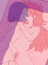 2girls ange_(angeban93) blue_hair blush breasts closed_eyes eyebrows_visible_through_hair fingering flip_flappers highres kissing kokomine_cocona long_hair lying multiple_girls navel nipples nude on_back papika_(flip_flappers) pubic_hair pussy red_hair short_hair small_breasts spread_legs sweat yuri