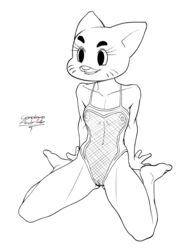 2017 absurd_res anthro biting_lip breasts cartoon_network cerebropodrido clothing digital_media_(artwork) eyelashes feline feline female hi_res mammal mature_female monochrome navel nicole_watterson nipples pose pussy simple_background sitting small_breasts smile solo spread_legs spreading swimsuit the_amazing_world_of_gumball translucent whiskers white_background