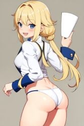 ai_generated anatomically_correct ass athletic_female back_view blonde_hair cooking cute female no_pants presenting_butt smile tiny_body weeb_ai