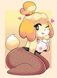 1girls 2024 animal_crossing anthro bell bell_collar blush breasts bunnysuit canine domestic_dog female female_only fishnets heart huge_thighs isabelle_(animal_crossing) nipples onigiri_punch pink_nipples ponytail simple_background solo solo_female sweater tail thick_thighs topless yellow_background yellow_fur yellow_hair