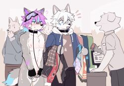 animal_genitalia anthro anthro_on_anthro balls biped blush canid canine canis clothed clothed/nude clothing collar countershade_face countershade_fur countershading domestic_dog dr.kiyo floppy_ears fur genitals grey_body grey_fur group hair hi_res kemono leash leashed_collar male male/male mammal nude open_mouth open_smile penis purple_hair sheath smile tail white_hair