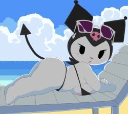 1girls :o ass beach bikini cassettedream cute dream-cassette female female_only hoshime huge_breasts kuromi laying_down laying_on_stomach mob_face onegai_my_melody sanrio short_stack shortstack solo solo_female sunglasses sunglasses_on_head tail