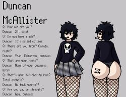 123grate 1boy 1male 2024 ass ass ass_cleavage ass_focus black_hair butt_crack butt_focus butt_tattoo canadian cigarette commission duncan_mcallister edgy emo femboy femboy_focus fishnets fluffy_hair goth male male_focus male_only oc original_character questions_and_answers reference_sheet skirt skull_shirt