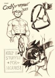 2boys bondage bound_together cockwarming gay harness harness_gag izuku_midoriya katsuki_bakugou male_only muscular my_hero_academia nude_male text wildmage yaoi