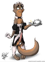 2017 animal_genitalia anthro beverage biting_lip clothed clothing costume crossdressing cum cup disney erection eye_roll fan_character gloves legwear maid maid_uniform male male_only mammal mongoose panties robcivecat sex_toy solo spill stockings tea terry_(a-signature) uniform vibrator zootopia