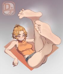 1girls blonde_hair clothed difmanm feet grin legs_up leotard safe_for_work shorts smile solo