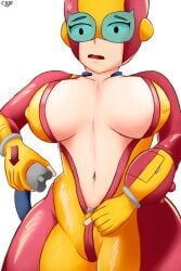 bodysuit brawl_stars breast_apart cayo_(artist) max_(brawl_stars) nipples_visible_through_clothing tagme tight_clothing unzipped unzipped_bodysuit