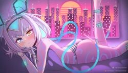 1girl 1girls ahoge android animal_ears ass bare_shoulders bed blue_eyes blue_hair blush building circuit_board cityscape fake_animal_ears female female_only foot_out_of_frame hair_between_eyes hair_ornament heterochromia highres indie_virtual_youtuber looking_at_viewer lying lying_on_bed mizmillificent on_stomach panties sayu_sincronisity short_hair simple_background sky skyscraper smile solo star_(sky) starry_sky striped_clothes striped_panties sun sunset tattoo thighs topless tube underwear vaporwave virtual_youtuber visor_cap window yellow_eyes