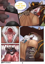 absurd_res anthro bandana big_penis bodily_fluids canid canine canis clothing coat comic cowboy cowboy_hat cowboy_outfit coyote dialogue duo fur genitals grey_body grey_fur hat head_in_mouth headgear headwear hi_res huge_cock hyena hyper hyper_genitalia hyper_penis inside_mouth kerchief kissing male mammal mouth_shot open_mouth oral_vore outside penis penis_kissing saliva teeth topwear trenchcoat viola_bat vore