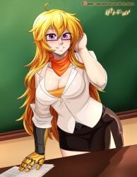 1girls blonde_female blonde_hair cleavage glasses hocen long_hair long_hair_female purple_eyes robotic_arm rwby teacher teacher_outfit yang_xiao_long