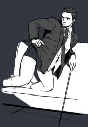 1boy black_hair bulge cane clothed clothing dark_hair frederick_chilton hannibal male male_only masculine on_couch on_knees solo solo_focus solo_male suit tagme underwear