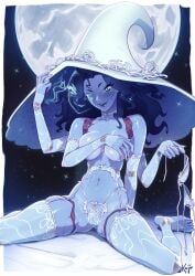 1girls 2022 4_arms blue_body blue_eyes blue_hair blue_skin bra_removed breasts covering_breasts elden_ring female female_only fromsoftware hat holding_object huge_breasts kajinman large_hat lingerie long_hair multi_arm multi_limb naughty_face navel_piercing ranni_the_witch see-through simple_background smile suggestive_look thighhighs white_lingerie witch_hat