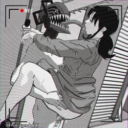 avant_garde_(artist) black_and_white chainsaw_man denji_(chainsaw_man) recording reporter_(chainsaw_man)