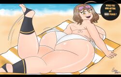 anis_(nikke) anis_(sparkling_summer)_(nikke) ass_bigger_than_head ass_focus beach big_ass bikini bikini_top fat_ass goddess_of_victory:_nikke laying_on_stomach legs_up looking_back nervous nervous_smile poll_winner sand ssleviathann towel