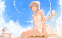 ass bare_legs barefoot beach big_ass genek one-piece_swimsuit petite petite_female short_hair slim_waist teenager thick_thighs white_hair wide_hips