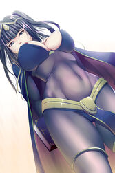 arms_behind_back belt black_hair blue_eyes blunt_bangs bodystocking bodysuit book breasts cape covered_navel dutch_angle erect_nipples female female_only fire_emblem fire_emblem_awakening hair_ornament harihisa highres hourglass_figure jewelry large_breasts loincloth long_hair navel nintendo open_mouth pauldrons purple_eyes simple_background skin_tight skindentation solo tharja_(fire_emblem) thigh_gap two_side_up white_background