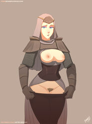 areolae armor big_breasts blue_eyes breasts clothed clothing dark_souls dark_souls_3 female female_only fromsoftware headgear large_breasts looking_at_viewer nipples presenting pubes pubic_hair sillygirl simple_background sinner sirris_of_the_sunless_realms solo