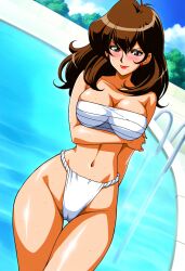 1990s_(style) ai_generated arm_under_breasts blush blush brown_hair cg cg_art cg_set dark_hair earrings fundoshi image_set light_skin light_skinned_female lila_lyon lipstick loincloth long_hair looking_at_viewer lupin_iii mature_female mine_fujiko nai_diffusion nailpolish older_female outdoors red_lipstick red_nails slim_waist small_breasts small_earrings stable_diffusion summer sunlight sweat sweating swimming_pool water