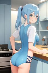 ai_generated anatomically_correct ass athletic_female back_view blue_eyes blue_hair blush cooking cute female looking_back no_pants presenting_butt smile tiny_body