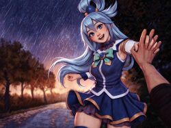 1girls ai_generated aqua_(konosuba) blue_eyes blue_hair blue_skirt blue_vest cropped_legs female hair_ornament happy holding_hands kono_subarashii_sekai_ni_shukufuku_wo! looking_at_viewer nature night open_mouth outdoors pov_hands rain reaching_out self_upload smile stable_diffusion