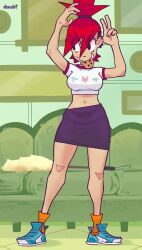 breasts crop_top doubt_(thedo_ubt) eating_food female foster's_home_for_imaginary_friends frankie_foster full_body green_background midriff navel red_hair skirt smile socks socks_and_shoes solo standing