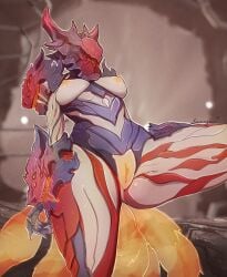 1female alien_girl breasts_out claws dragon from_below nipple_bulge nipples orange_tail pussy robot robot_girl robot_humanoid searyn small_breasts standing tail thighs underboob unusual_skin_color voruna_(warframe) warframe wolf_girl