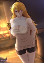 1girls blonde_female blonde_hair cleavage clothed_female fire_place hocen long_hair long_hair_female purple_eyes robotic_arm rwby yang_xiao_long