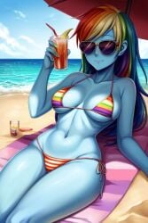 ai_generated beach big_ass bikini blue_skin boobs cooler curvy drink huge_boobs huge_breasts human humanoid massive_breasts medium_breasts rainbow_bikini rainbow_dash_(eg) rainbow_dash_(mlp) rainbow_hair relaxing sea smile sunglasses thick_thighs tits towel umbrella