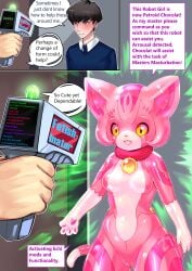 2024 4_fingers 5_fingers absurd_res anthro before_and_after bimboaudino bimbovaporeon black_hair blue_clothing blue_eyes blue_shirt blue_topwear blush breasts cat_detector_(meme) chocolat_(tetetor-oort) clothing collar dialogue dialogue_box disembodied_hand domestic_cat duo english_text featureless_breasts felid feline felis female fetishinator fingers gender_transformation genitals glistening glistening_body hair hi_res holding_object human human_to_anthro humanoid_hands imminent_sex intelligence_loss latex latex_body latex_creature living_latex machine male mammal master medium_breasts mind_control mtf_transformation multicolored_body pawpads permanent_transformation petroid pink_body pink_hair pink_latex pussy red_collar robot shirt solo_focus species_transformation speech_bubble standing tail text topwear transformation two_tone_body white_body white_latex yellow_sclera