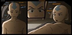 1boy aang air_nomad airbender_tattoo armpit armpits avatar_legends avatar_the_last_airbender blowjob comic dialogue english_text implied_sex male male_only naked nickelodeon sleep sleeping sock_vivian solo surprised surprised_expression text the_avatar waking_up
