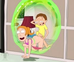 ambiguous_penetration biting_lip blargsnarf bouncing_breasts breasts brother_and_sister doggy_style floppy_breasts ginger ginger_hair incest jiggling_breasts looking_up morty_smith nipples open_mouth pink_nipples portal red_hair red_hair rick_and_morty smile summer_smith upscaled wiping_face wiping_forehead wiping_sweat