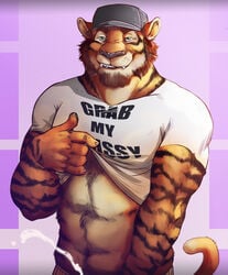 2017 5_fingers abs abstract_background anthro arcticlion baseball_cap beard biceps biting_lip black_fur black_hat black_nose black_stripes body_hair bruno_(evane) claws clothed clothing clothing_lift cum cumshot digital_media_(artwork) ejaculation english_text evane facial_hair feline fur green_eyes happy_trail hat hi_res looking_at_viewer male male_only mammal multicolored_fur muscular muscular_male orange_tail orgasm shirt shirt_lift solo striped_fur stripes t-shirt tan_fur teeth text tiger white_claws white_clothing white_shirt white_topwear