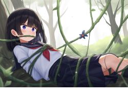 ai_generated arms_tied_behind_back black_hair blue_eyes bondage bound_legs female gag gagged school_uniform vine_bondage vine_gag