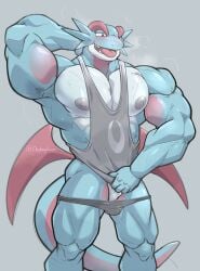 2024 absurd_res anthro biceps big_chest big_nipples big_pecs black_eyes blue_arms blue_body blue_face blue_fingers blue_hands blue_legs blue_tail blush blush_lines bodily_fluids breath breath_cloud clothed clothing covering covering_crotch covering_self digital_media_(artwork) dragon fangs fingers generation_3_pokemon grey_clothing grey_nipples grey_shirt grey_tank_top grey_topwear grey_underwear hand_behind_head hand_behind_own_head hi_res korean_description maldu male male_only muscular muscular_anthro muscular_male musk musk_clouds nintendo nipples open_mouth partially_clothed pecs pokemon pokemon_(species) red_arms red_lines red_tail red_tongue red_wings salamence scalie sharp_teeth shirt slit solo standing sweat sweatdrop sweaty_arms sweaty_body sweaty_chest tail tank_top teeth thick_thighs tongue tongue_out topwear translated_description two_tone_arms two_tone_face two_tone_tail underwear underwear_down white_chest white_face wings