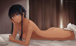 after_sex ass bed black_hair blanket blue_eyes breasts commission completely_nude curtains dark_skin earrings female highres jewelry lying nail_polish necklace nude on_stomach original pixiv_commission setu_kurokawa short_hair