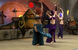 3d 4girls arica belly_chain belly_dancer belly_dancer_outfit bib_fortuna blue_hair bocas_top dancer dancer_outfit dancing dazinbane femsub fishnets gamorrean gran_(species) green_skin harem harem_girl harem_outfit harem_pants headwear hutt jabba's_palace jabba_the_hutt jawa jess_(star_wars) mara_jade mara_jade_skywalker multicolored_hair multiple_girls oola orange_hair original_character salacious_crumb slave slave_collar slave_outfit slavegirl star_wars submissive_female twi'lek white_hair