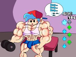 artist_request big_muscles big_pecs bigger_male blue_hair blue_pants boyfriend_(friday_night_funkin) bulge_through_clothing fnf friday_night_funkin huge_bulge huge_muscles huge_pecs huge_penis hyper_muscles lifting_weights male_only muscular_male sweating text training white_shirt