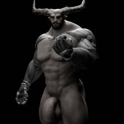 1:1 2_horns 3d_(artwork) abs absurd_res balls beard biceps big_penis black_background black_hair cybernetic_arm cybernetic_eye cybernetic_limb cybernetics digital_media_(artwork) dragon_age dragon_age_inquisition eye_scar facial_hair facial_scar fist genitals grey_body grey_skin hair hi_res horn humanoid iron_bull machine male male_only navel nipples not_furry nude pecs penis pubes qunari scar simple_background solo tattoo vein veiny_penis voluox