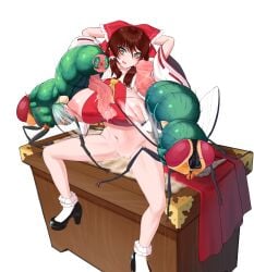 1girls 2insects anus bow censored clothing cum dallim female female_focus fly insectophilia insects large_ass large_breasts large_penis panties penis reimu_hakurei touhou trio zoophilia