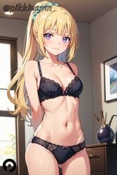 ai_generated arms_behind_back ass_visible_through_thighs bangs bare_shoulders black_bra black_panties blonde_hair blush bow bow_panties bra breasts classroom_of_the_elite cleavage closed_mouth collarbone cowboy_shot female hair_ornament hair_scrunchie indoors karuizawa_kei long_hair looking_at_viewer medium_breasts navel panties pikkiwynn ponytail purple_eyes scrunchie sidelocks smile solo standing stomach thighs underwear underwear_only youkoso_jitsuryoku_shijou_shugi_no_kyoushitsu_e